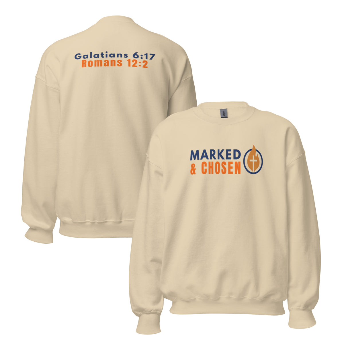 Gildan 18000 heavy blend crewneck sweatshirt, 50/50 blend in Sand color, featuring a soft interior and double-needle stitching and printed with the Marked & Chosen Logo on the front. On the back Galatians 6:17 and Romans 12:2.