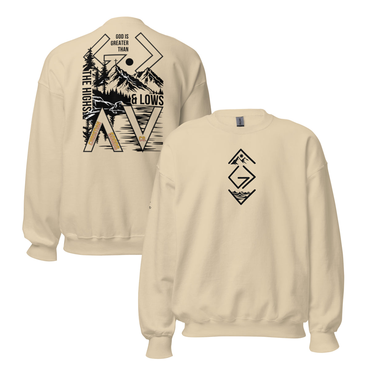 God is Greater Than Sweatshirt - Sand - Front and Back View