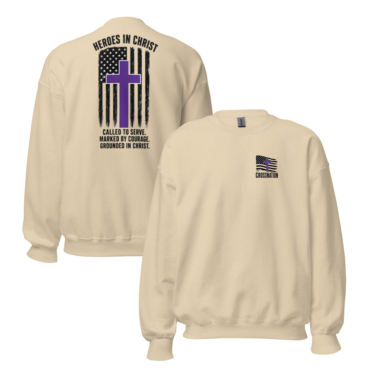 Heroes in Christ Security Sweatshirt - Sand - Front and Back View