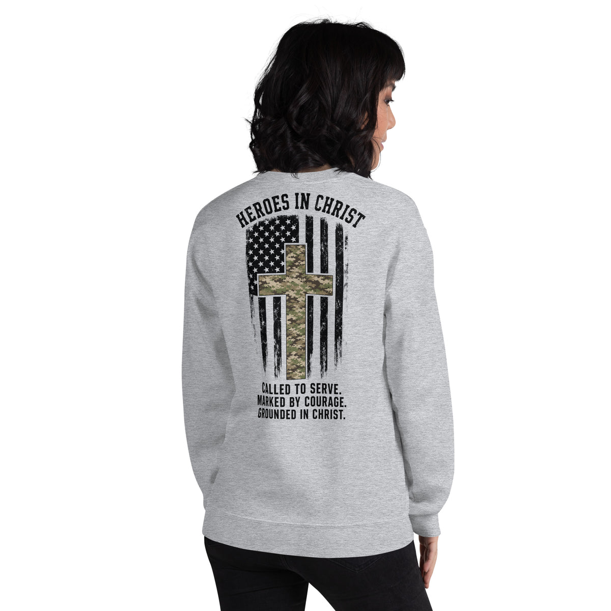 Heroes in Christ Army & Air Force Camo Sweatshirt - Sport Grey - Back View