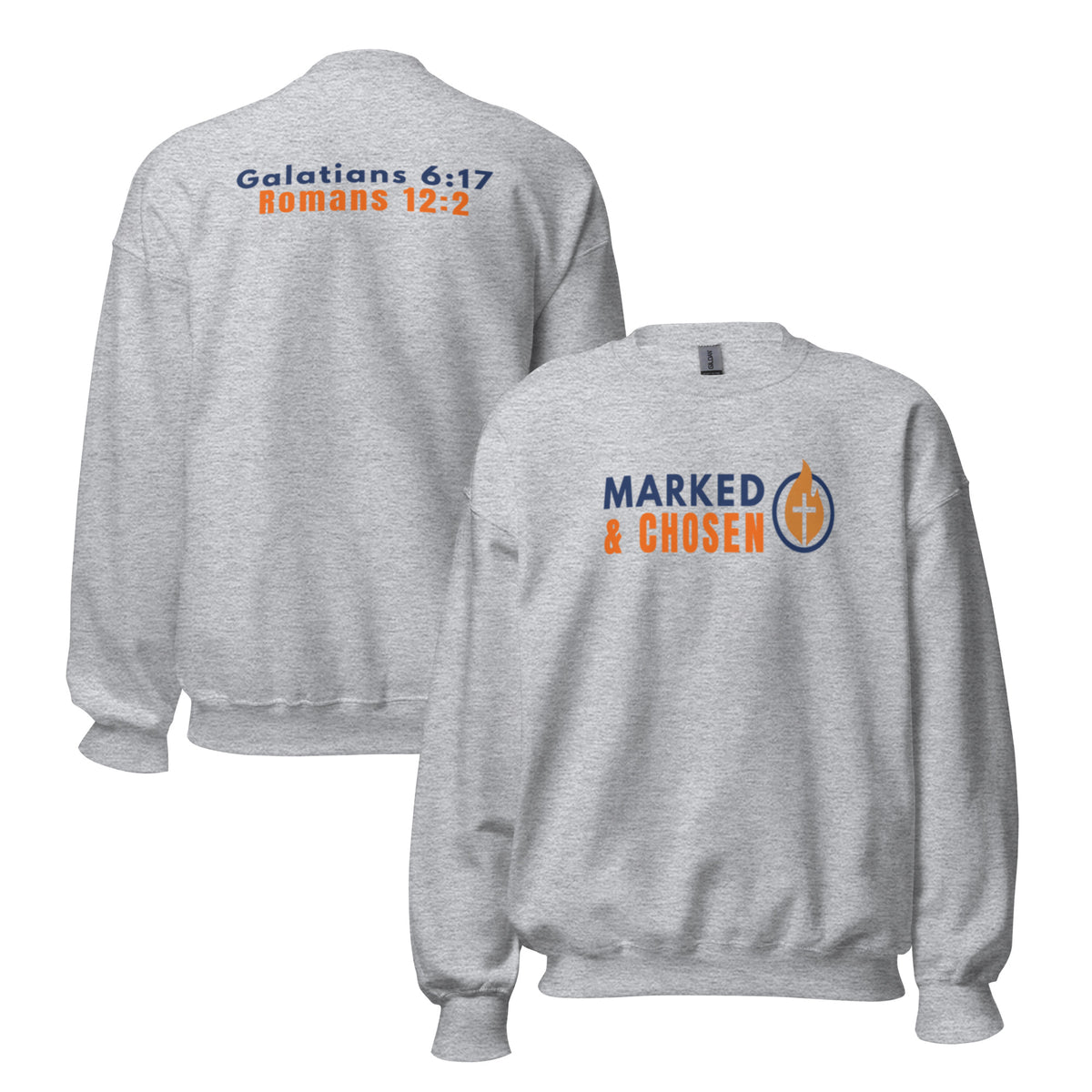 Gildan 18000 heavy blend crewneck sweatshirt, 50/50 blend in Sport Grey color, featuring a soft interior and double-needle stitching and printed with the Marked & Chosen Logo on the front. On the back Galatians 6:17 and Romans 12:2.