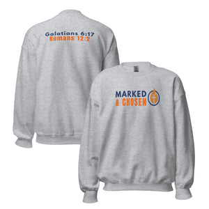 Gildan 18000 heavy blend crewneck sweatshirt, 50/50 blend in Sport Grey color, featuring a soft interior and double-needle stitching and printed with the Marked & Chosen Logo on the front. On the back Galatians 6:17 and Romans 12:2.