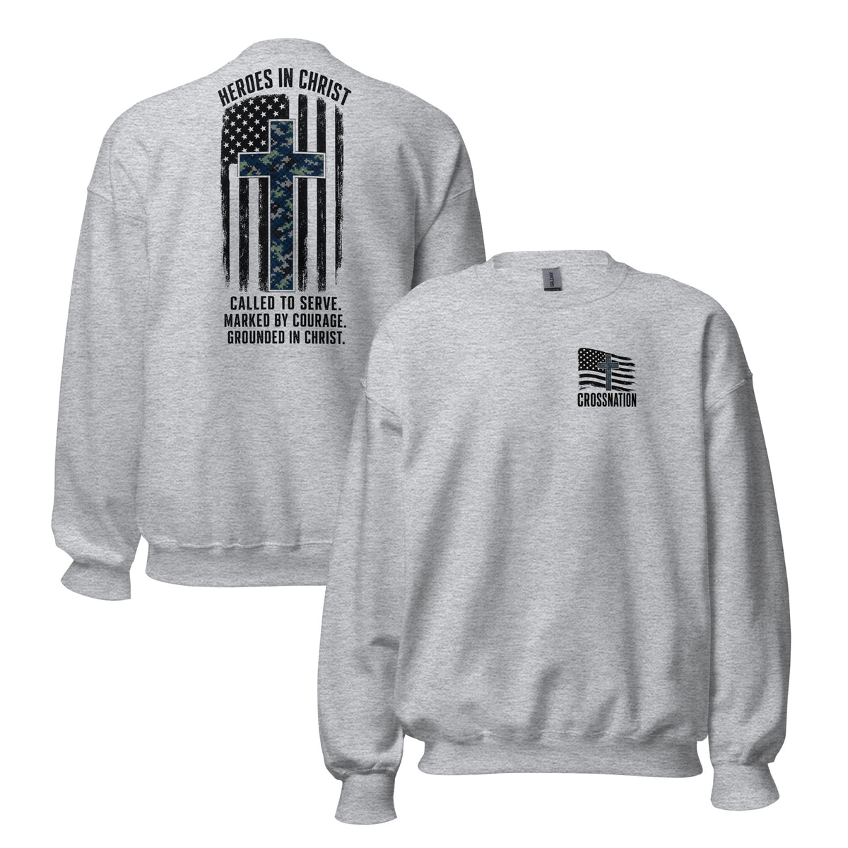 Heroes in Christ Navy Camo Sweatshirt - Sport Grey - Front and Back View
