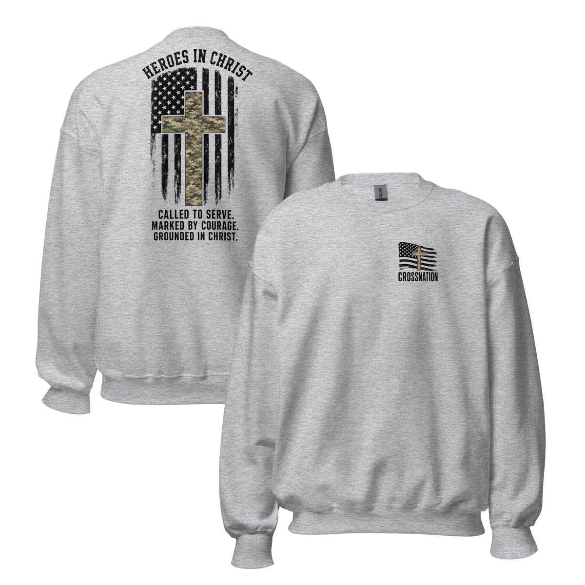 Heroes in Christ Army & Air Force Camo Sweatshirt - Sport Grey - Front and Back View