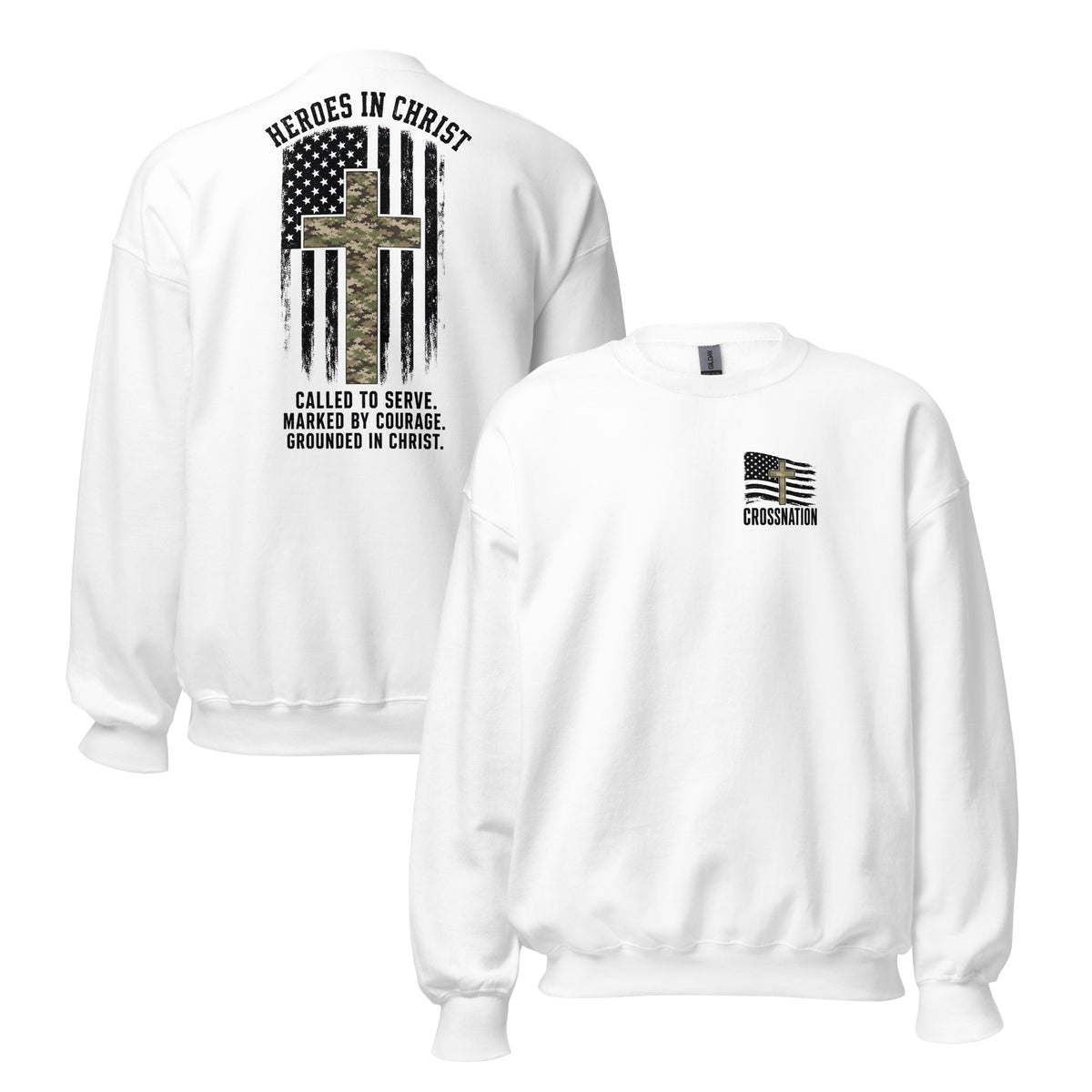 Heroes in Christ Army & Air Force Camo Sweatshirt - White - Front and Back View