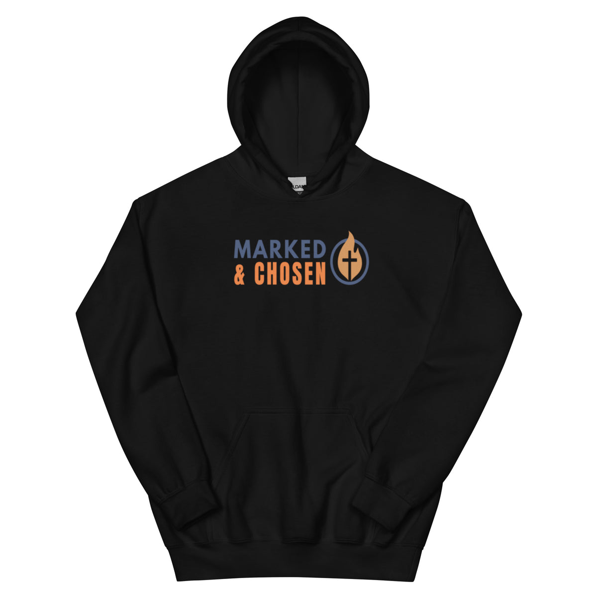 Gildan 18500 heavy blend hooded sweatshirt in Black, showing a classic fit and front pouch pocket Printed on the front is the Marked & Chosen Logo.