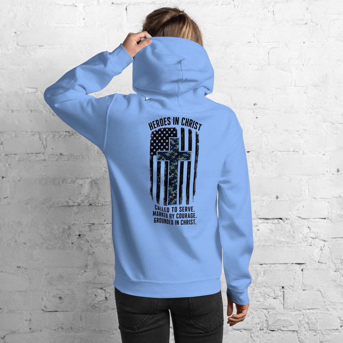 Heroes in Christ Navy Camo Hoodie - Carolina Blue - Back View