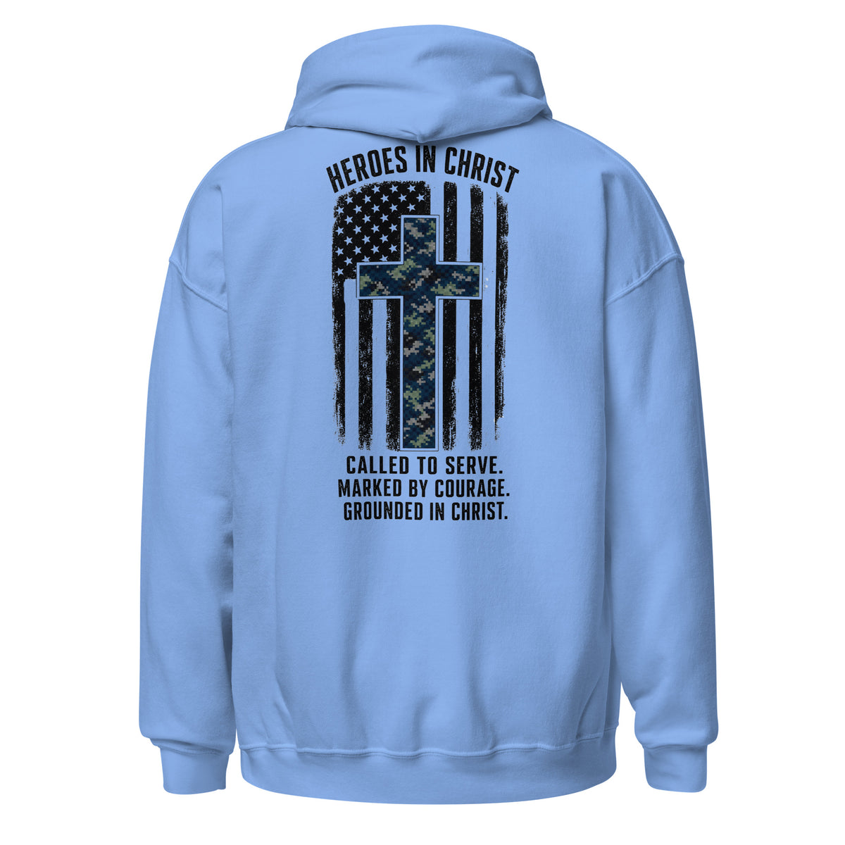 Heroes in Christ Navy Camo Hoodie - Carolina Blue - Back View 2