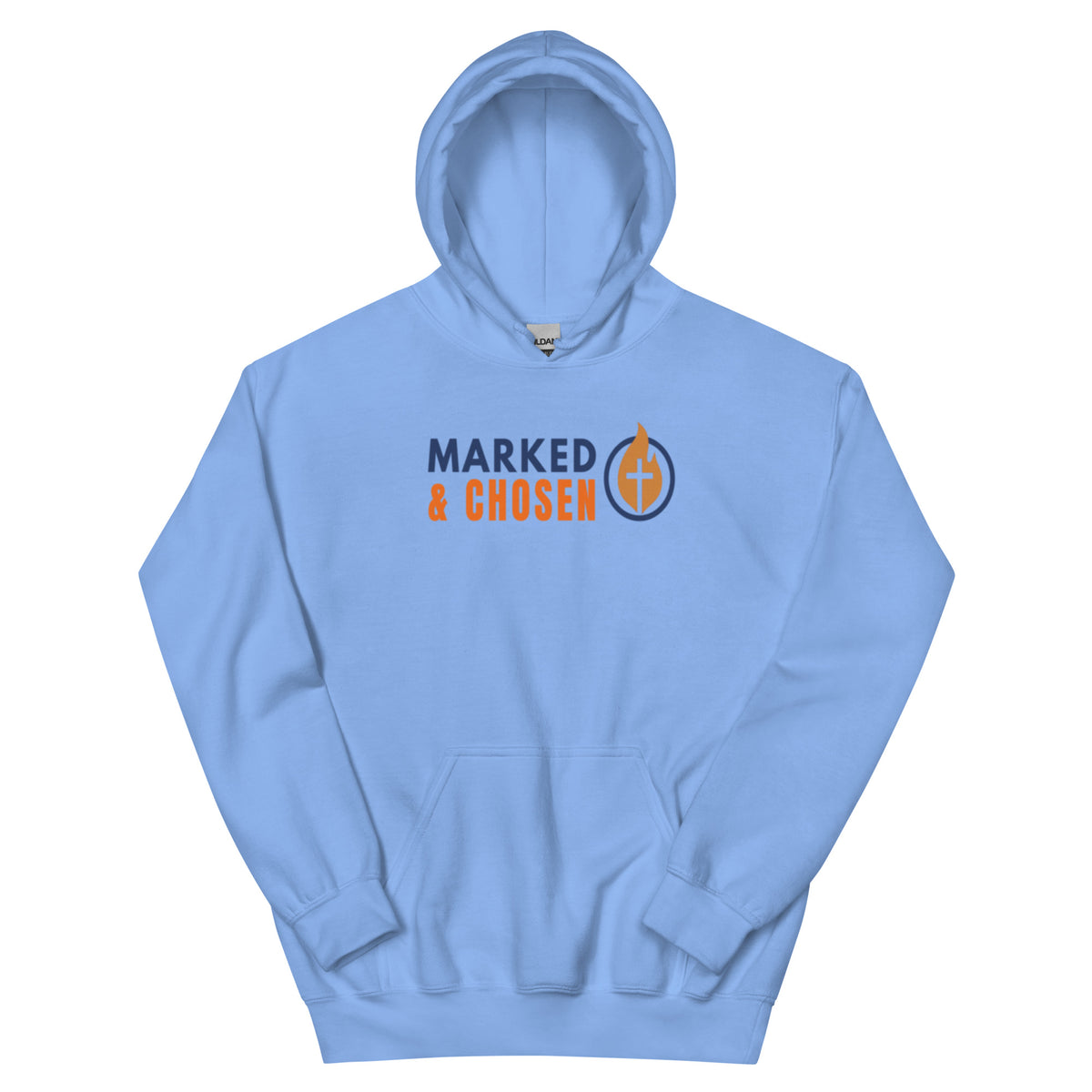 Gildan 18500 heavy blend hooded sweatshirt in Carolina Blue, showing a classic fit and front pouch pocket Printed on the front is the Marked & Chosen Logo.