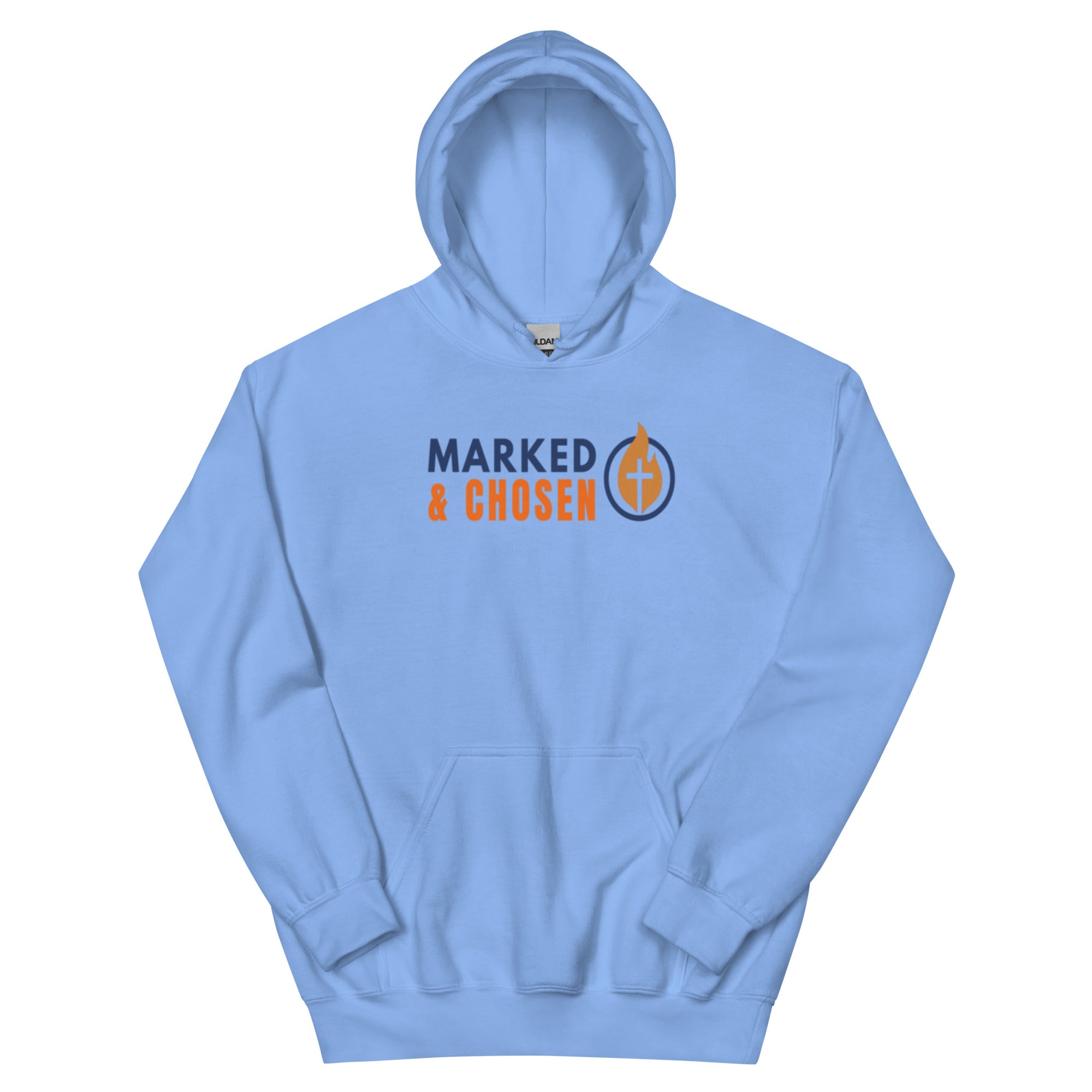 Gildan 18500 heavy blend hooded sweatshirt in Carolina Blue, showing a classic fit and front pouch pocket Printed on the front is the Marked & Chosen Logo.