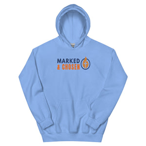 Gildan 18500 heavy blend hooded sweatshirt in Carolina Blue, showing a classic fit and front pouch pocket Printed on the front is the Marked & Chosen Logo.