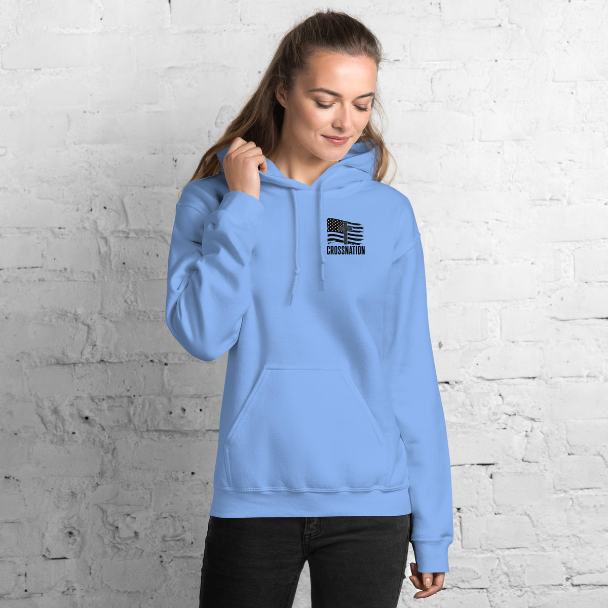 Heroes in Christ Navy Camo Hoodie - Carolina Blue - Front View