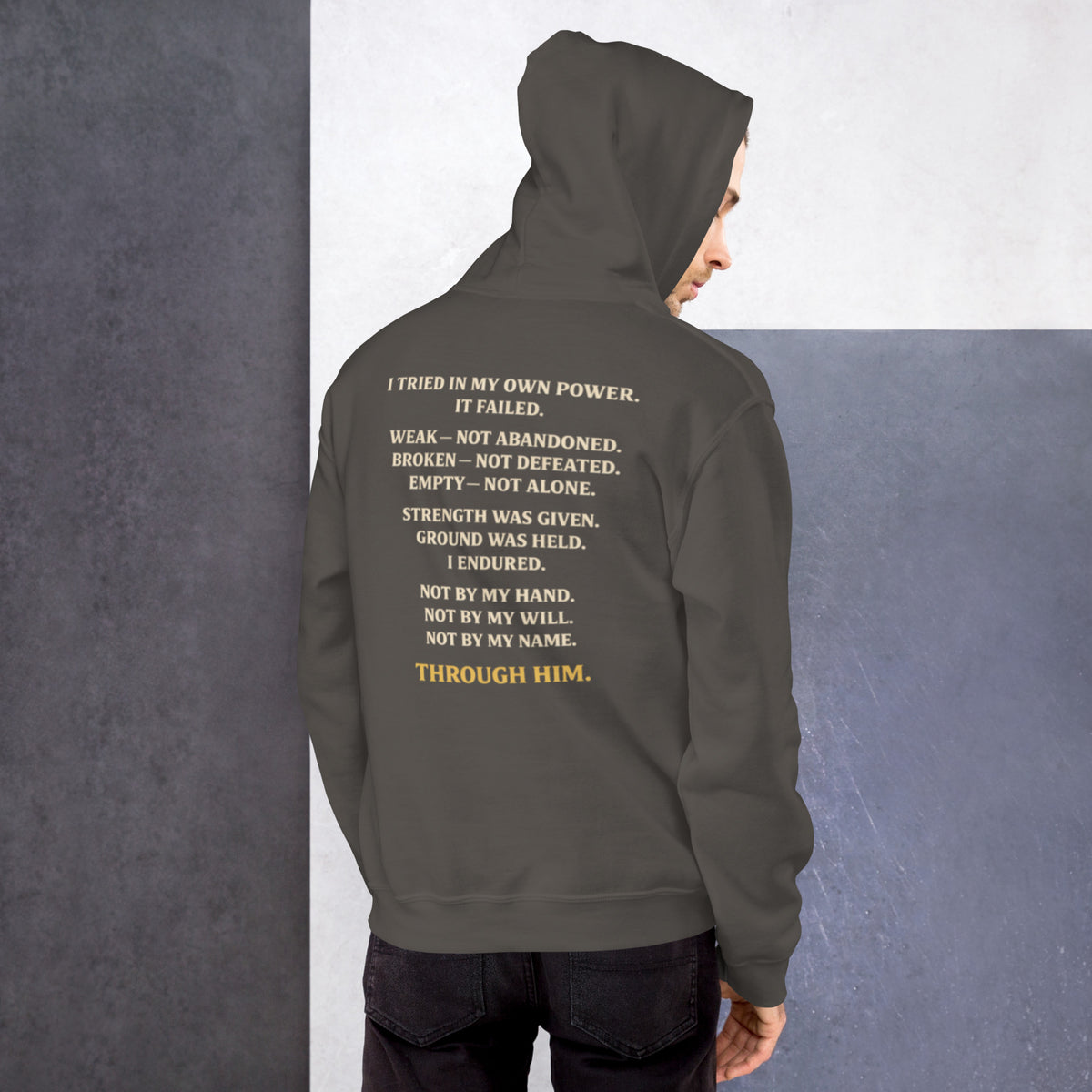 Through Him Men's Hoodie - Charcoal - Back View