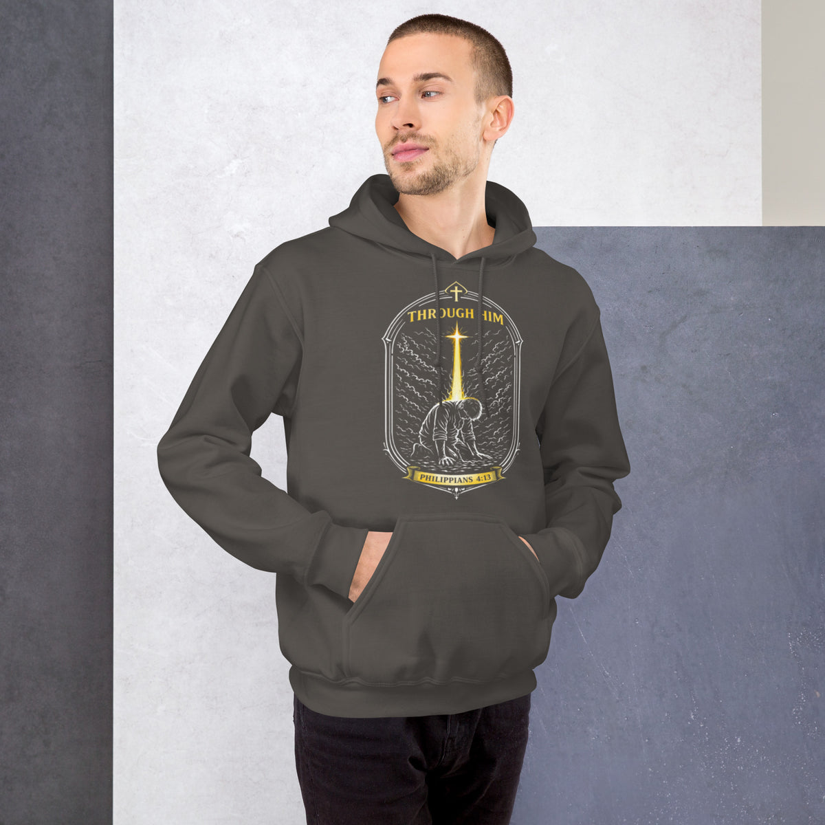 Through Him Men's Hoodie - Charcoal - Front View