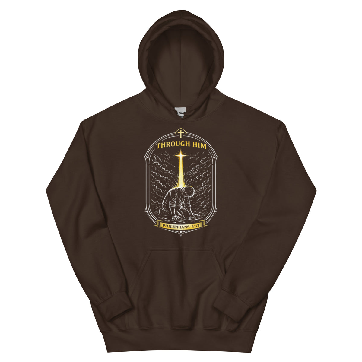 Through Him Men's Hoodie - Dark Chocolate - Front View
