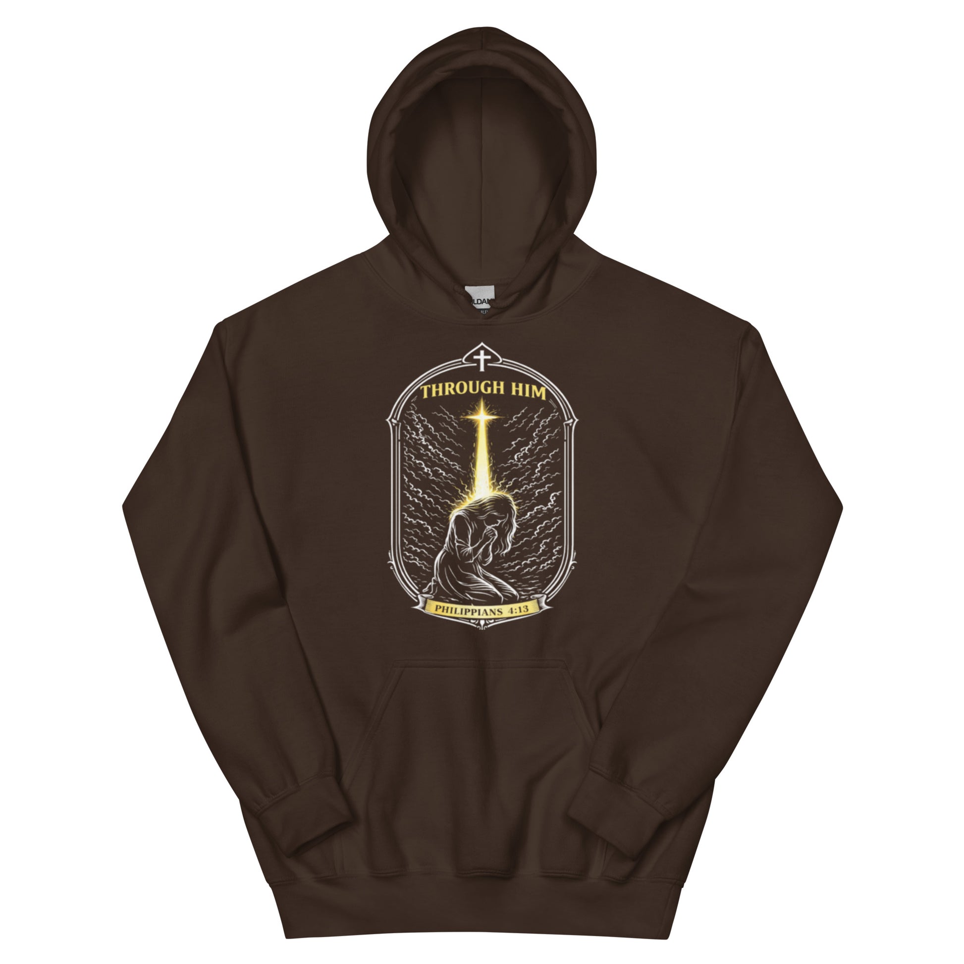 Through Him Women's Hoodie - Dark Chocolate - Front View