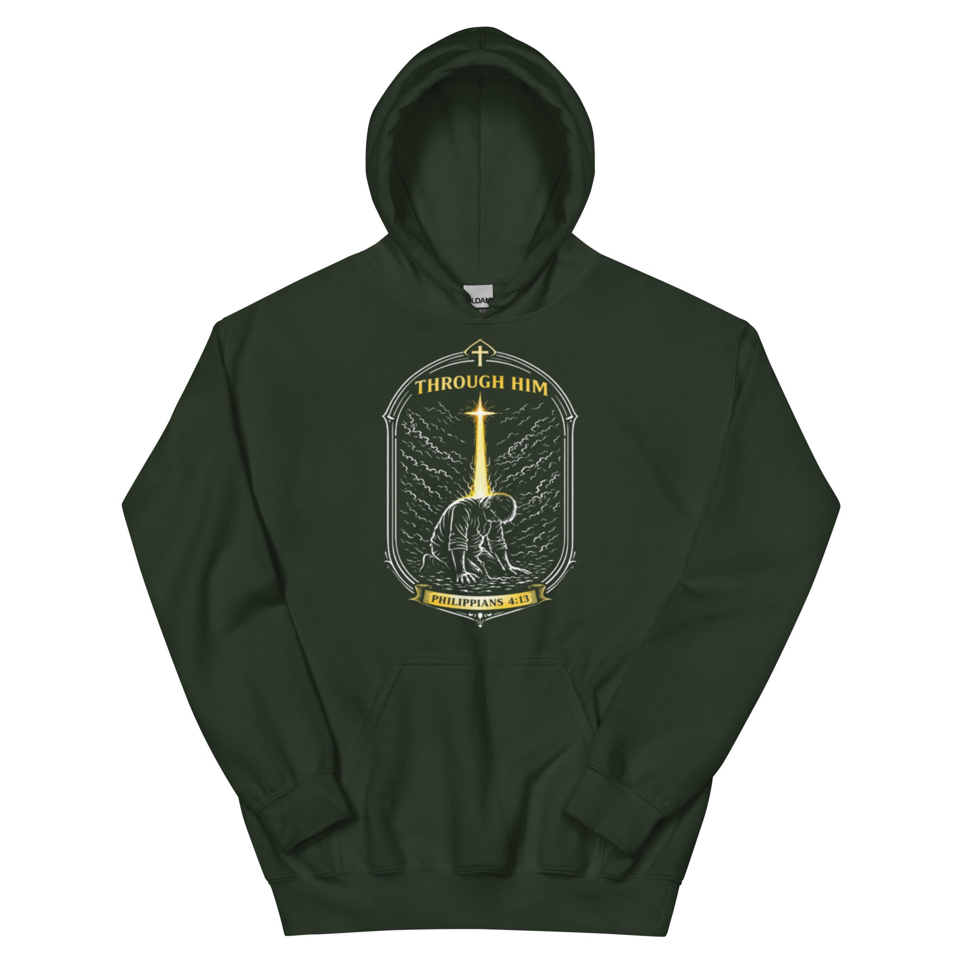 Through Him Men's Hoodie - Forest Green - Front View