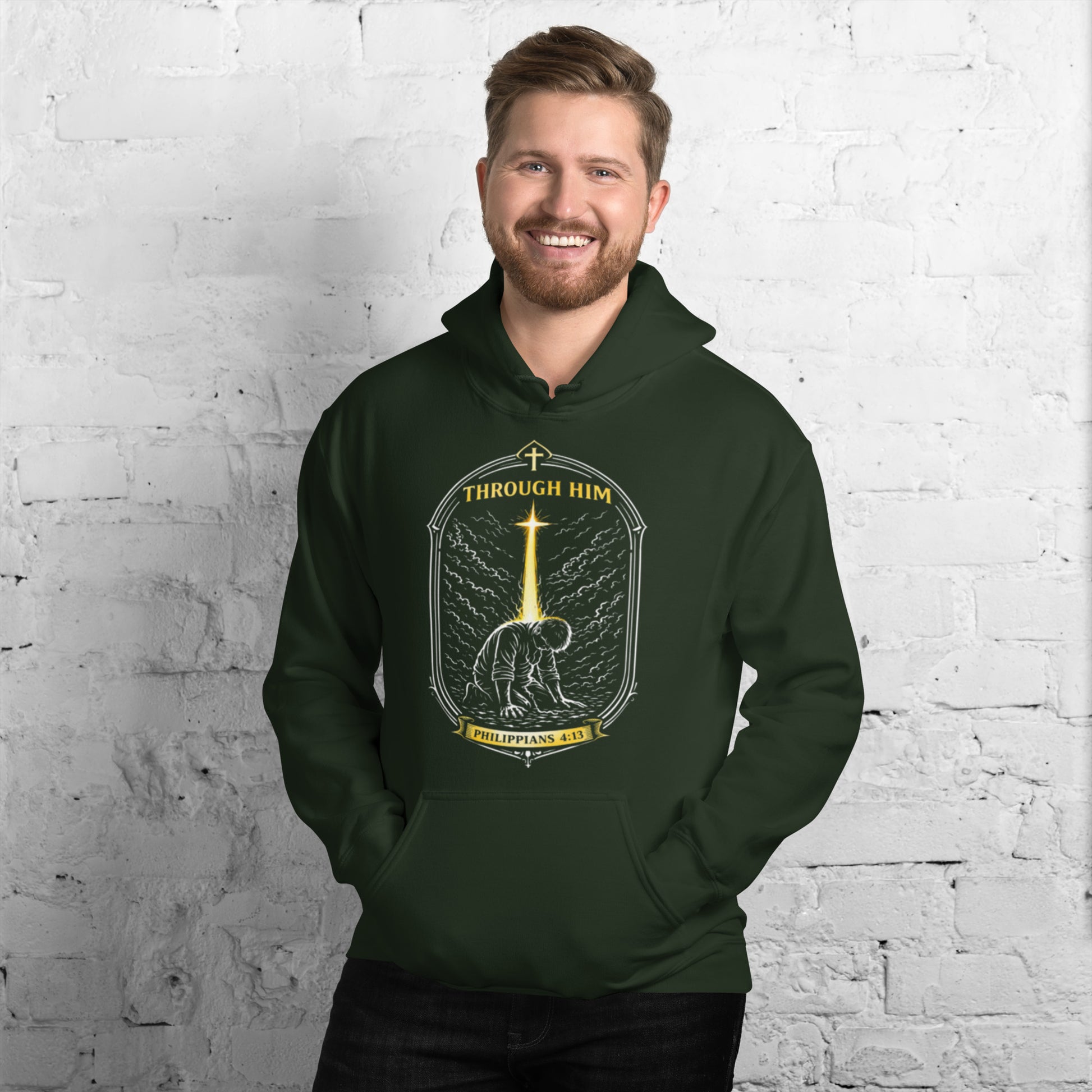 Through Him Men's Hoodie - Forest Green - Front View 2