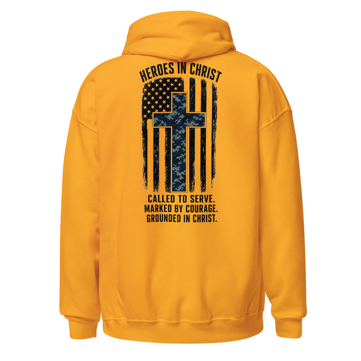 Heroes in Christ Navy Camo Hoodie - Gold - Back View