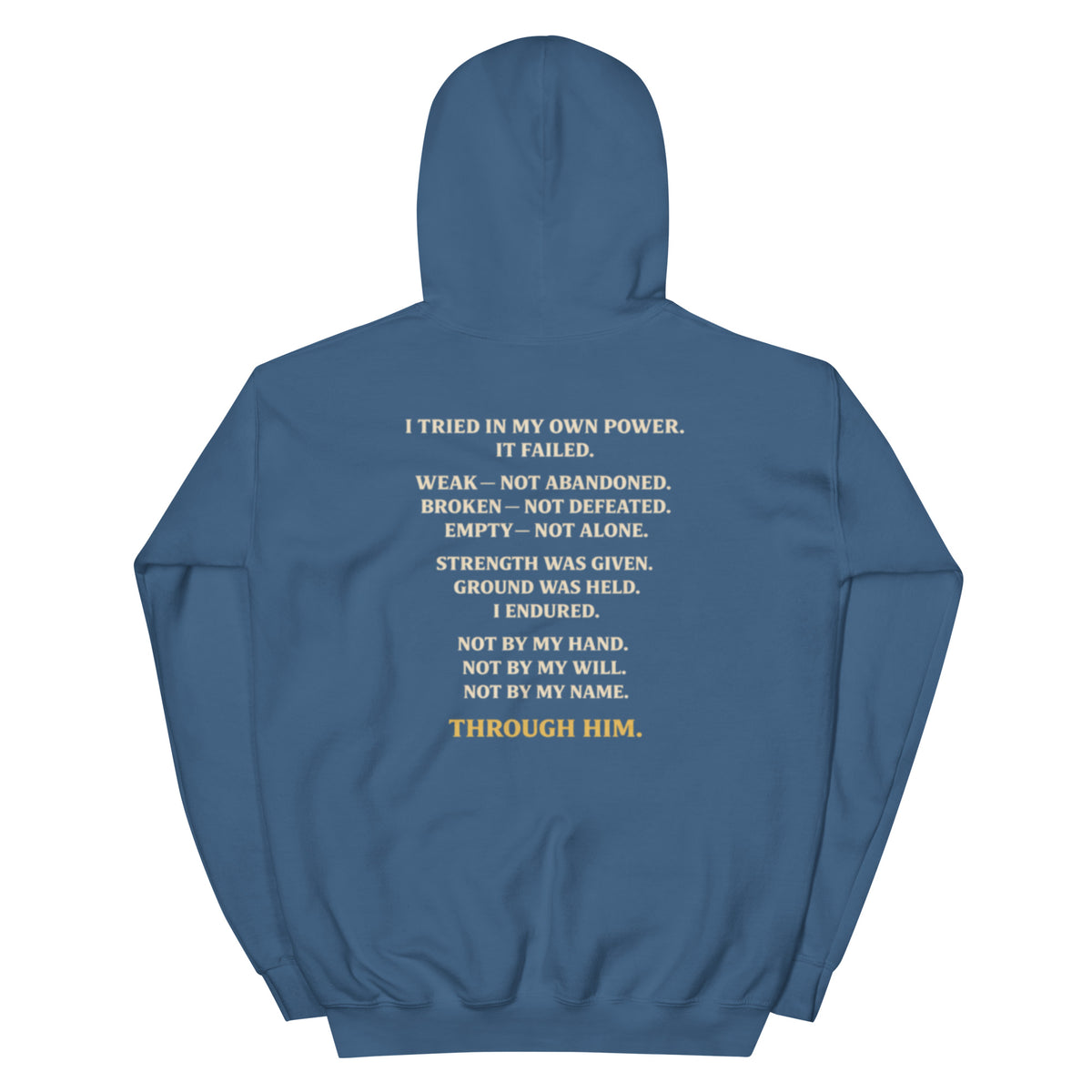 Through Him Men's Hoodie - Indigo Blue - Back View
