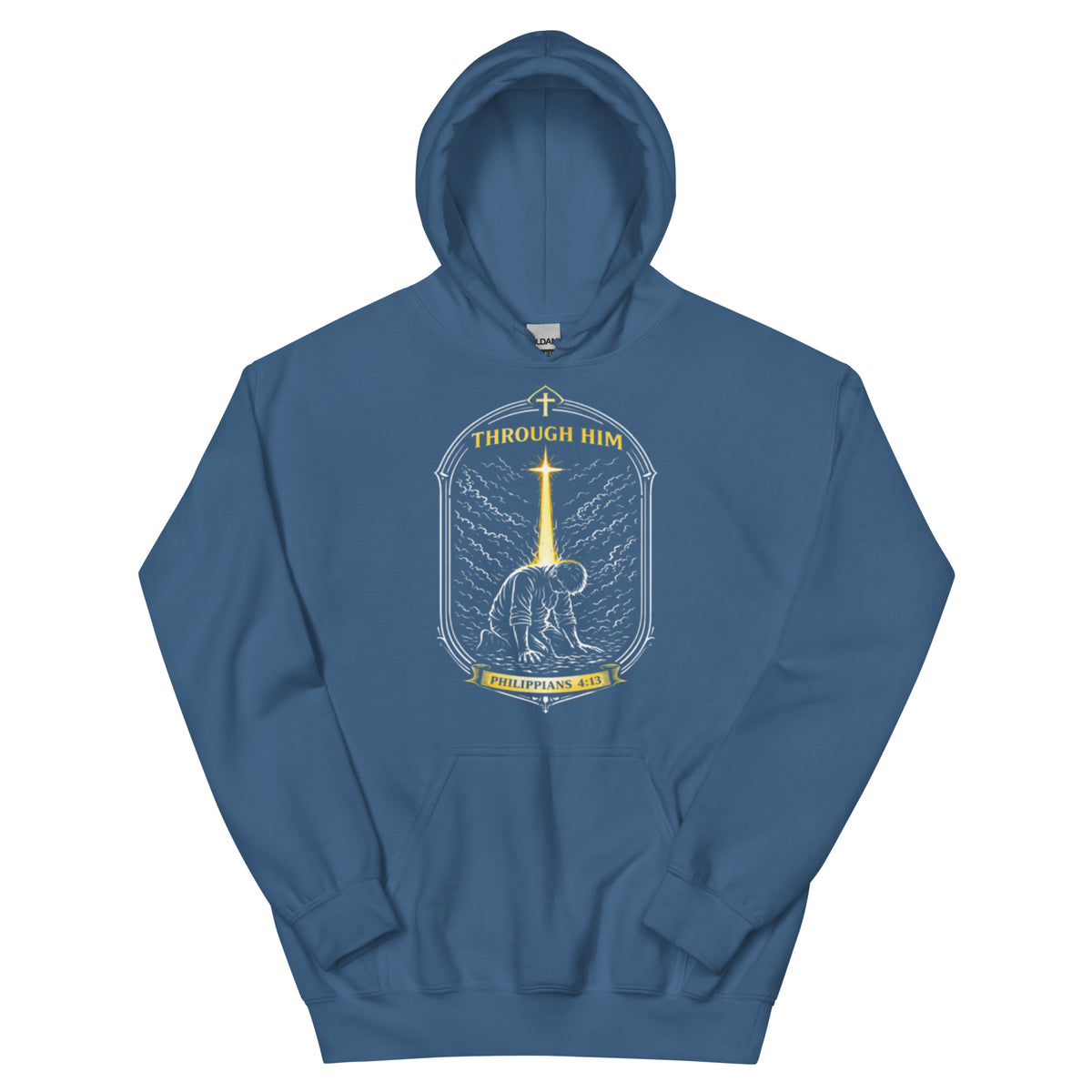 Through Him Men's Hoodie - Indigo Blue - Front View