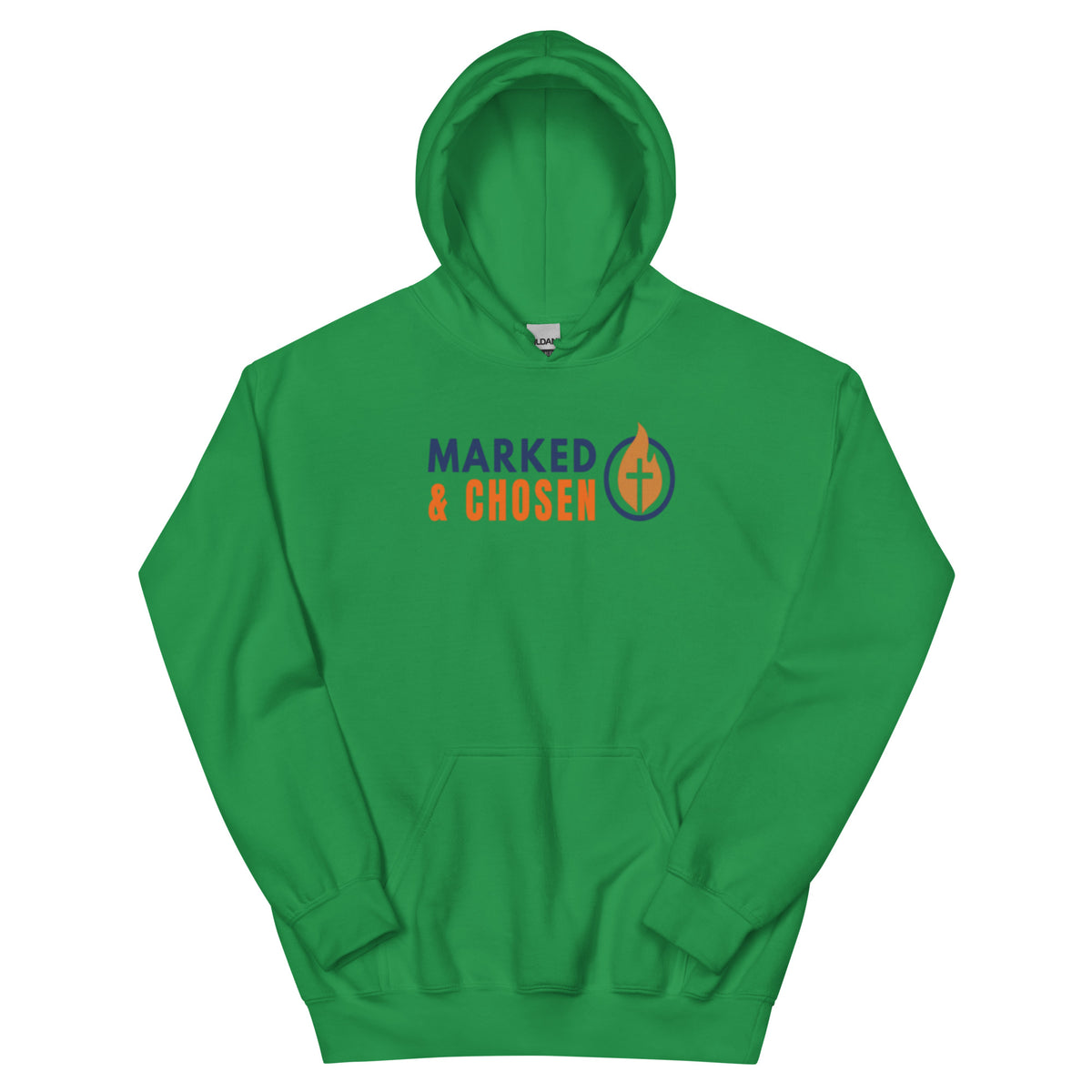Gildan 18500 heavy blend hooded sweatshirt in Irish Green, showing a classic fit and front pouch pocket Printed on the front is the Marked & Chosen Logo.
