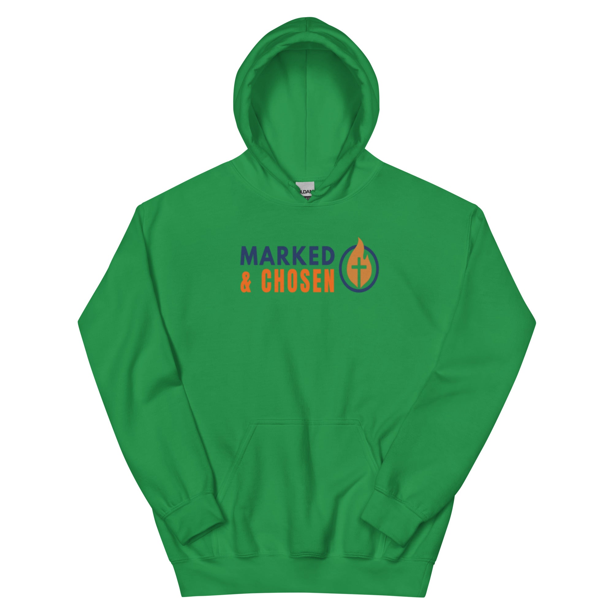 Gildan 18500 heavy blend hooded sweatshirt in Irish Green, showing a classic fit and front pouch pocket Printed on the front is the Marked & Chosen Logo.