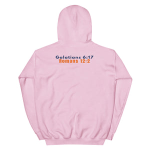 Gildan 18500 heavy blend hooded sweatshirt in Light Pink, showing a classic fit and Printed on the back is the Marked & Chosen Verses: Galatians 6:17 and Romans 12:2.