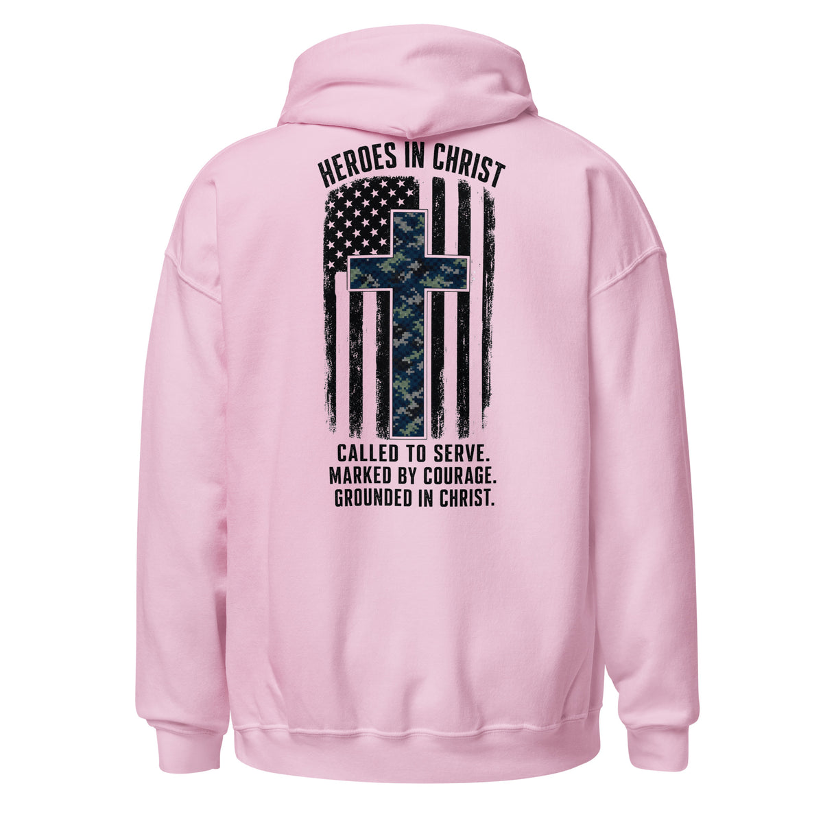 Heroes in Christ Navy Camo Hoodie - Light Pink - Back View