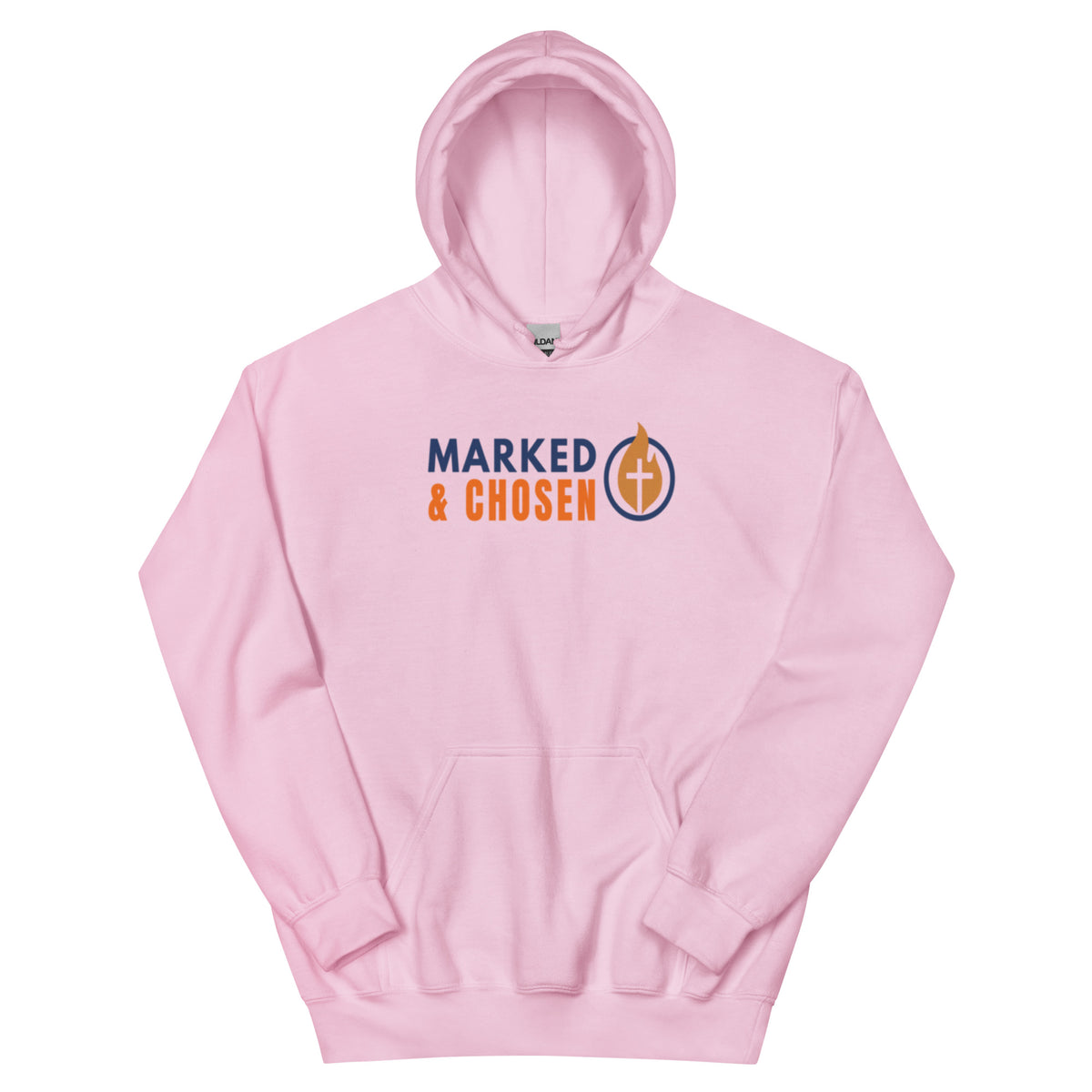 Gildan 18500 heavy blend hooded sweatshirt in Light Pink, showing a classic fit and front pouch pocket Printed on the front is the Marked & Chosen Logo.