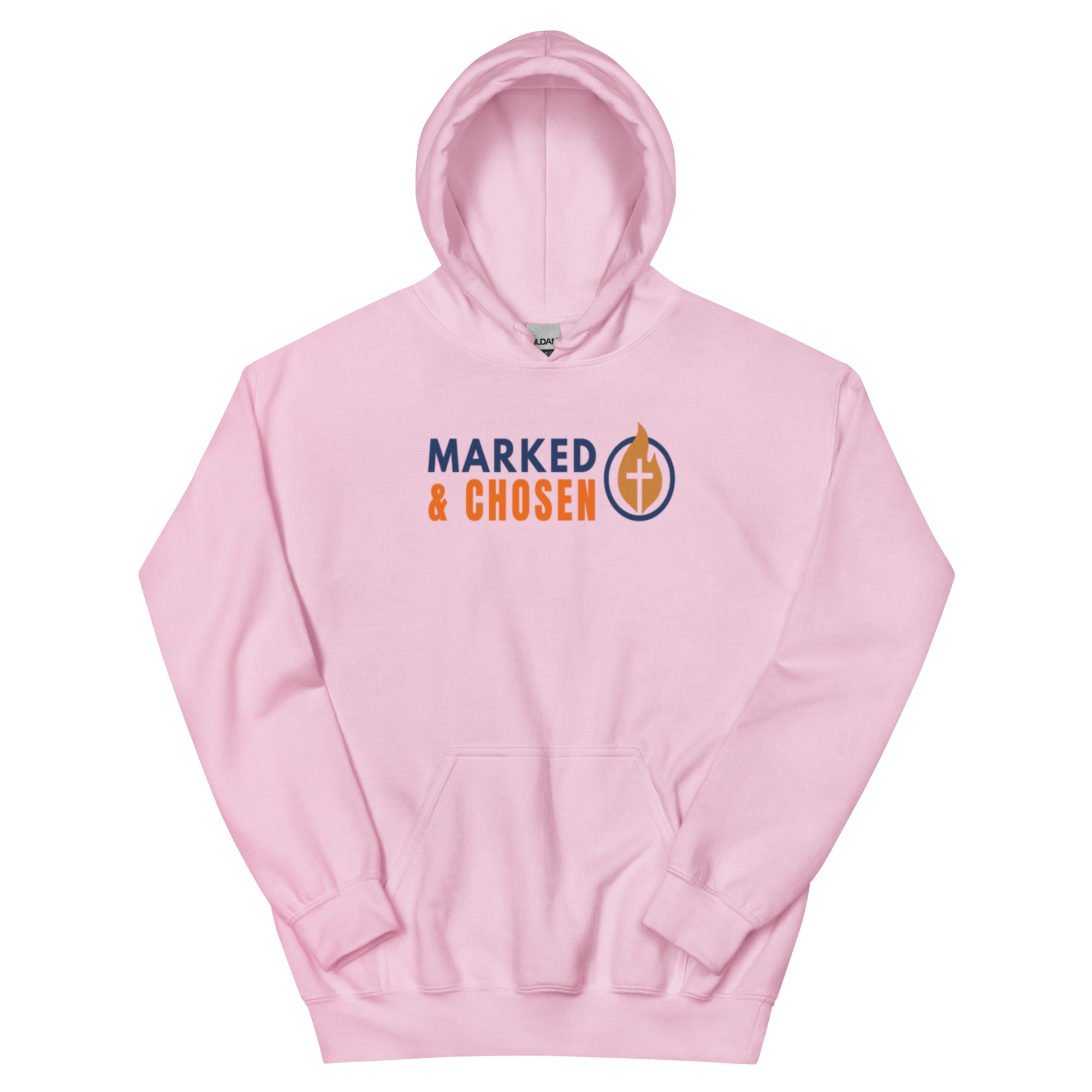 Gildan 18500 heavy blend hooded sweatshirt in Light Pink, showing a classic fit and front pouch pocket Printed on the front is the Marked & Chosen Logo.