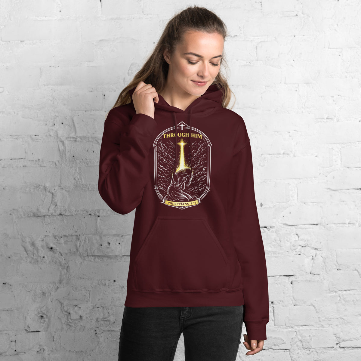 Through Him Women's Hoodie - Maroon - Front View 2