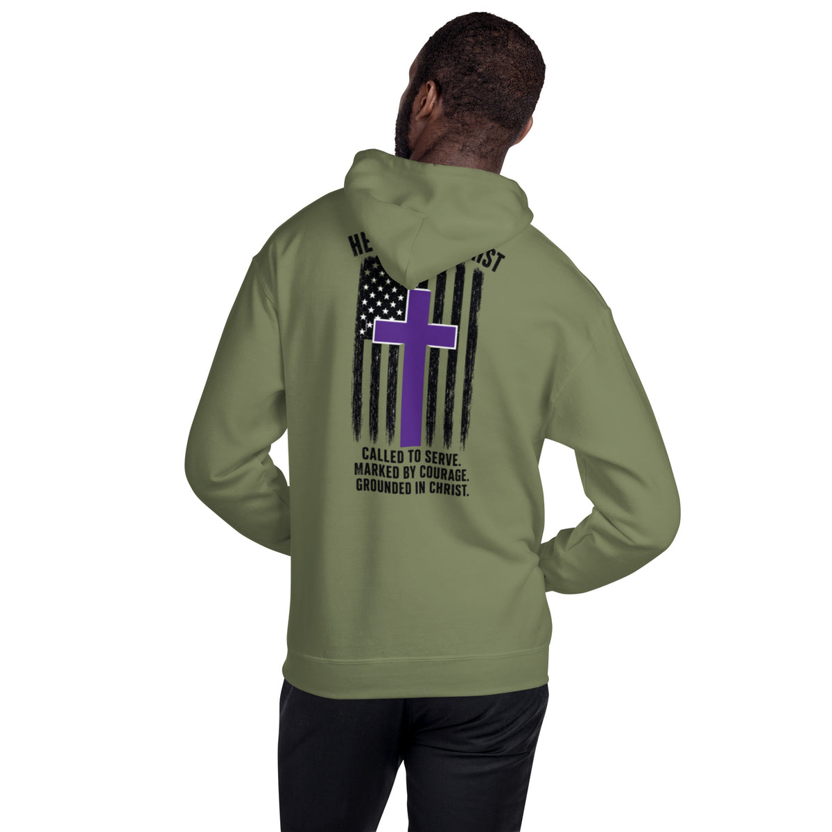 Heroes in Christ Security Hoodie - Military Green - Back View 2