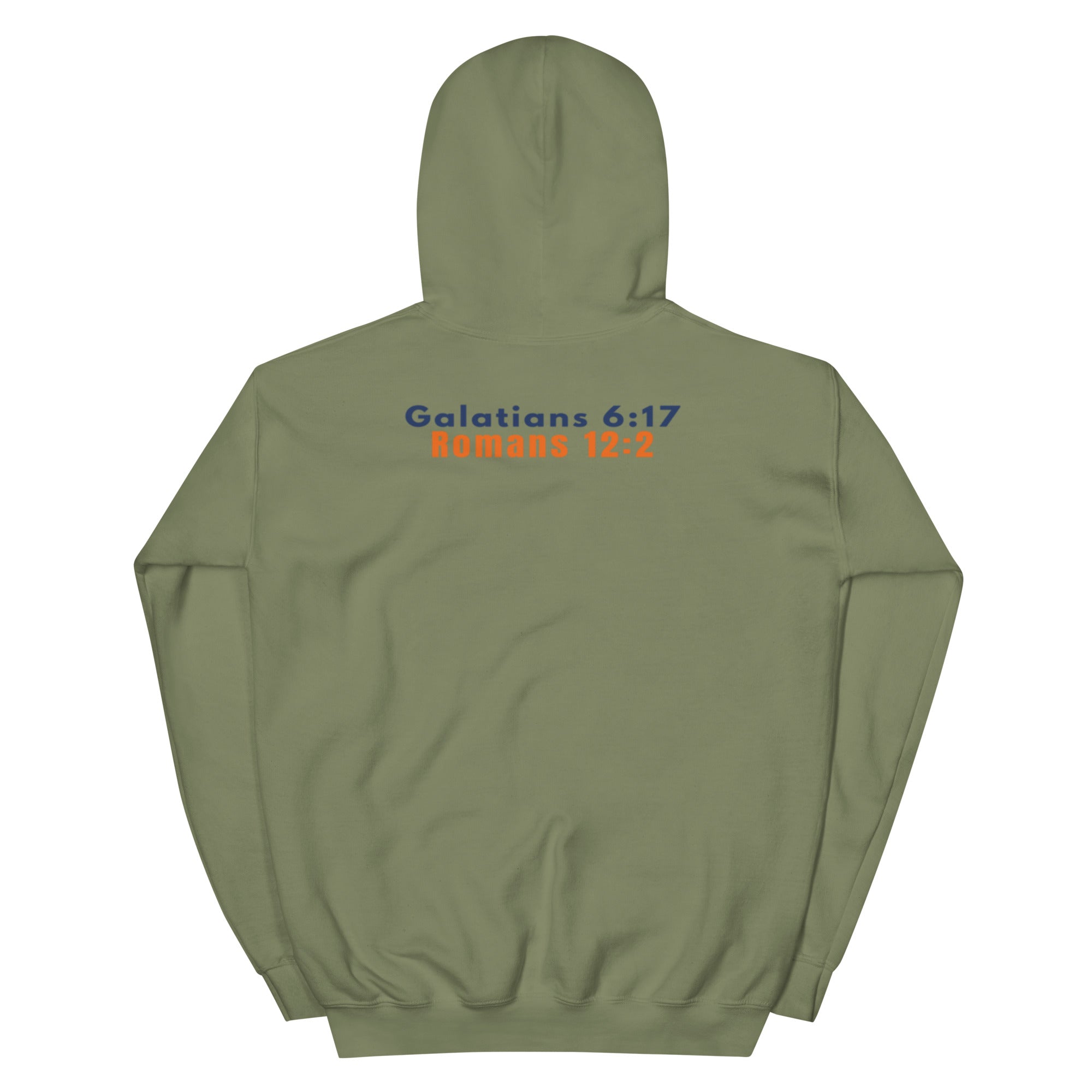 Gildan 18500 heavy blend hooded sweatshirt in Military Green, showing a classic fit and Printed on the back is the Marked & Chosen Verses: Galatians 6:17 and Romans 12:2.