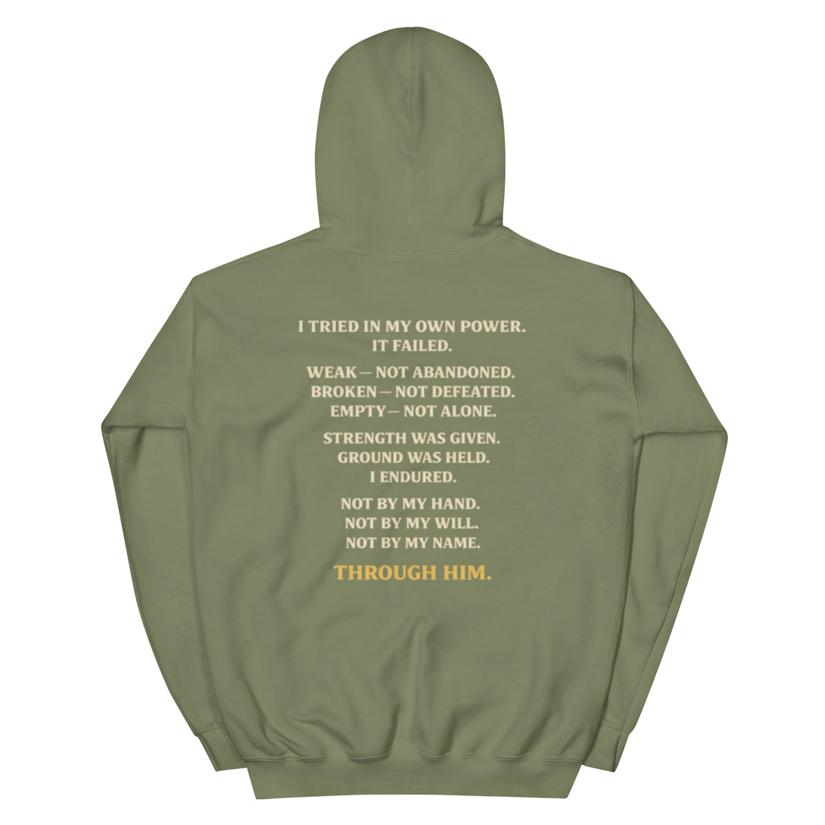 Through Him Women's Hoodie - Military Green - Back View