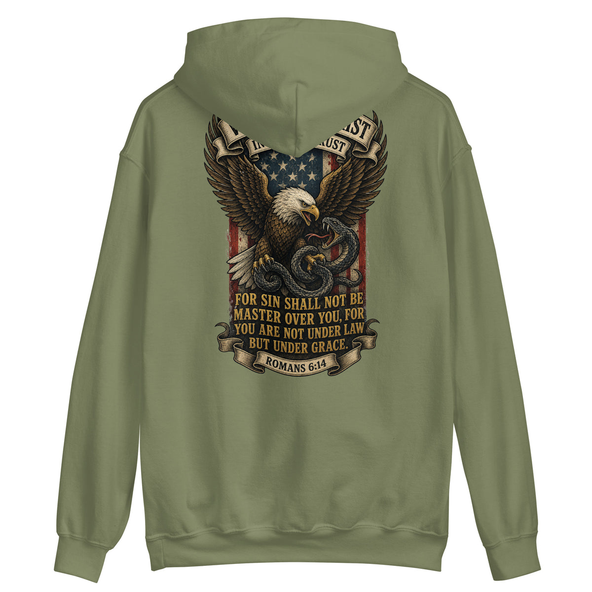 Victory in Christ Hoodie - Military Green - Back View