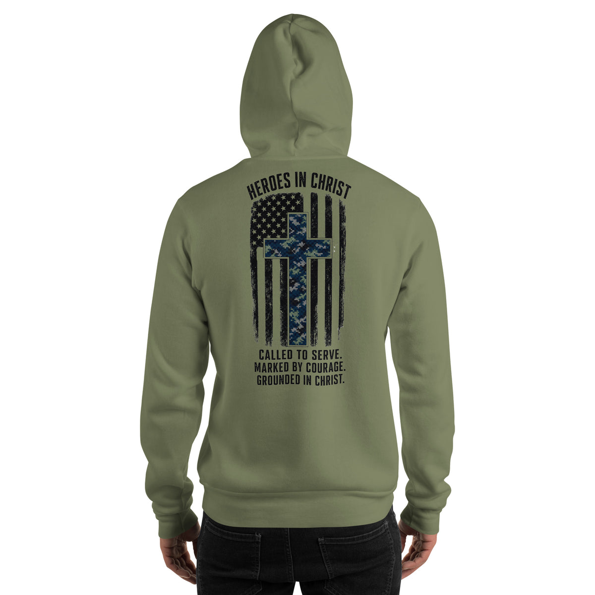 Heroes in Christ Navy Camo Hoodie - Military Green - Back View
