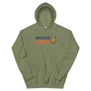 Gildan 18500 heavy blend hooded sweatshirt in Military Green, showing a classic fit and front pouch pocket Printed on the front is the Marked & Chosen Logo.