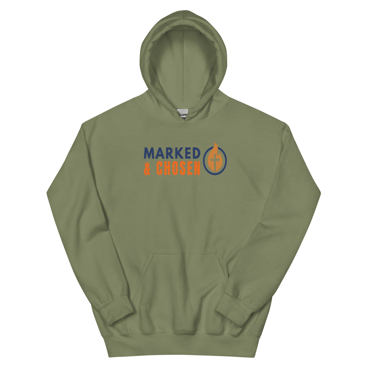 Gildan 18500 heavy blend hooded sweatshirt in Military Green, showing a classic fit and front pouch pocket Printed on the front is the Marked & Chosen Logo.