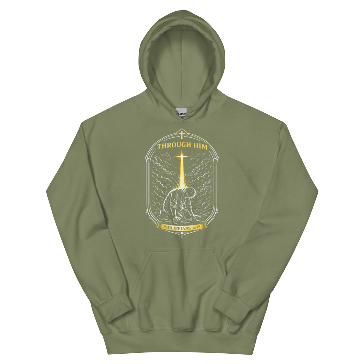 Through Him Men's Hoodie - Military Green - Front View