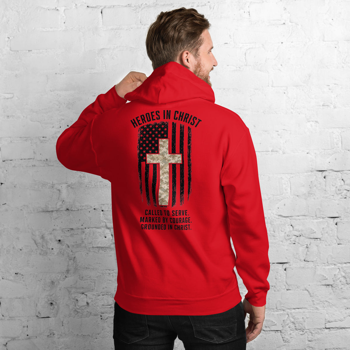 Heroes in Christ Marines Desert Camo Hoodie - Red - Back View