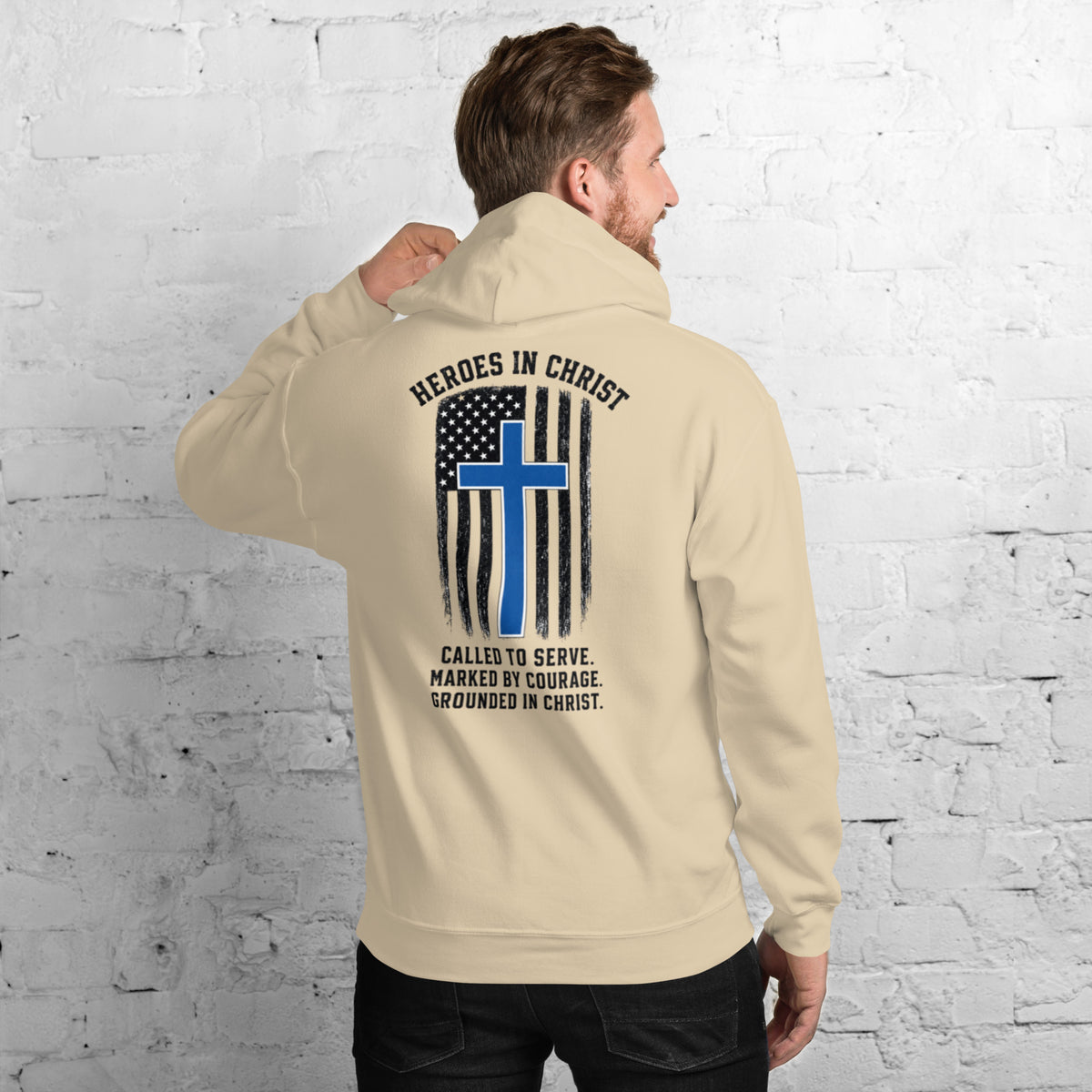Heroes in Christ Police Hoodie - Sand - Back View