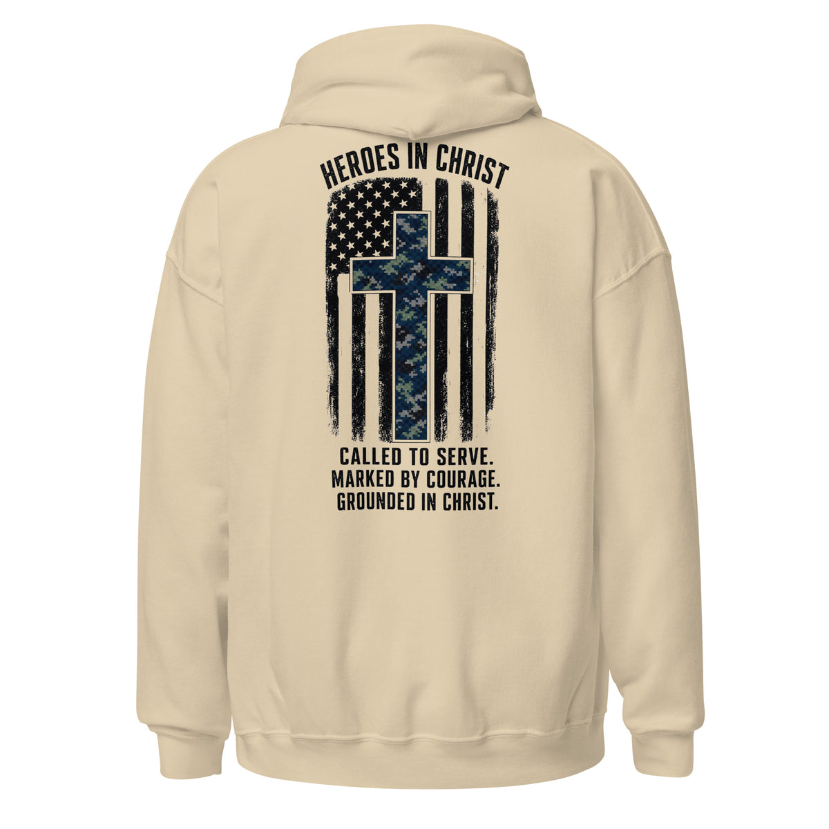 Heroes in Christ Navy Camo Hoodie - Sand - Back View