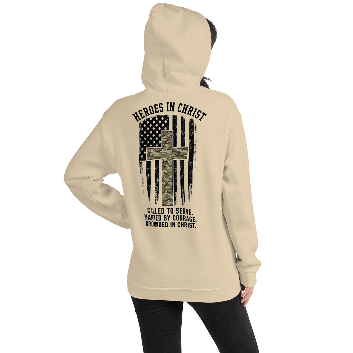 Heroes in Christ Army & Air Force Camo Hoodie - Sand - Back View