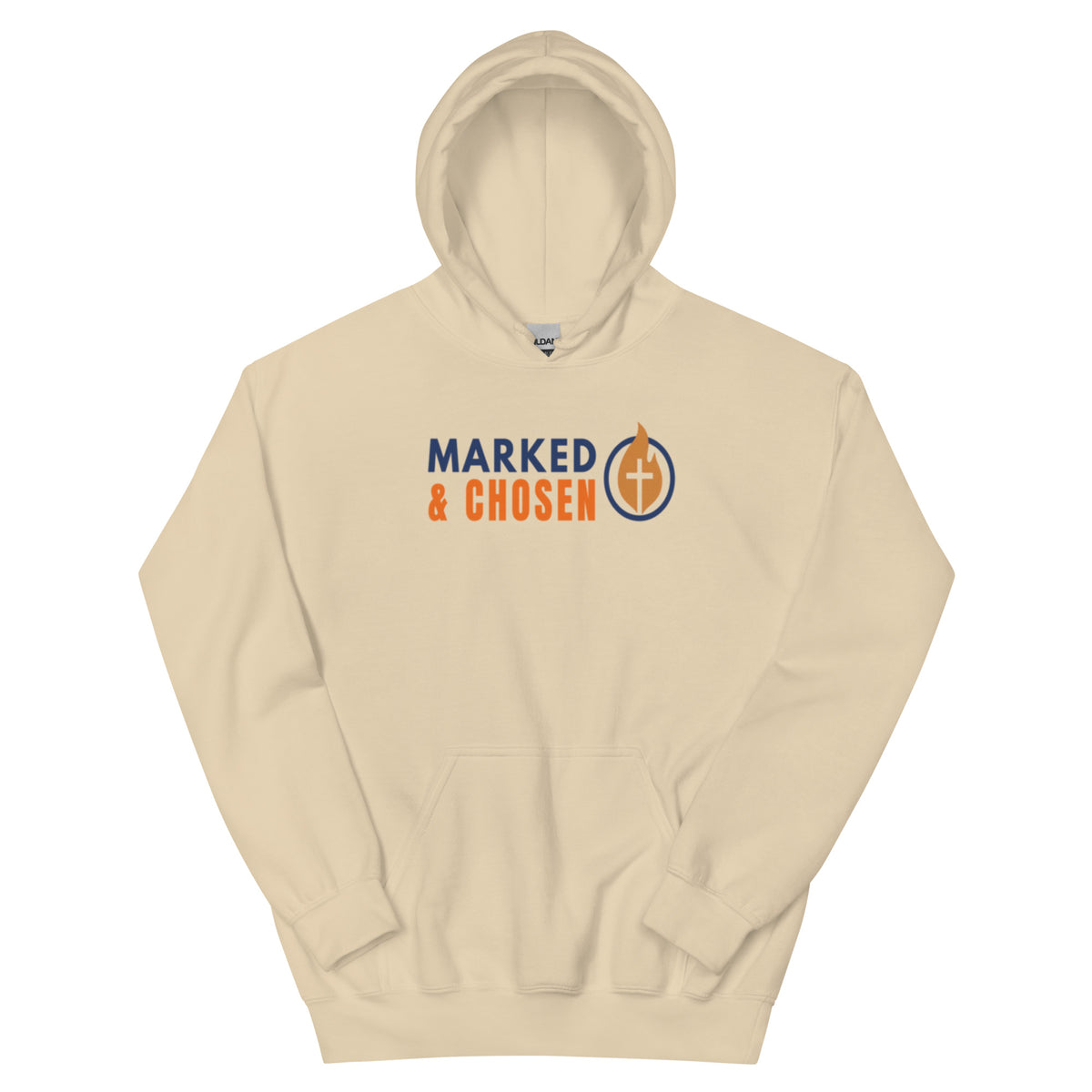Gildan 18500 heavy blend hooded sweatshirt in Sand, showing a classic fit and front pouch pocket Printed on the front is the Marked & Chosen Logo.
