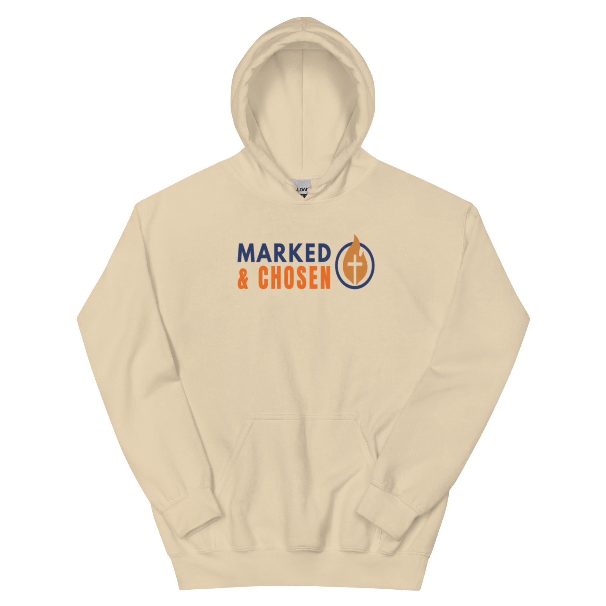 Gildan 18500 heavy blend hooded sweatshirt in Sand, showing a classic fit and front pouch pocket Printed on the front is the Marked & Chosen Logo.