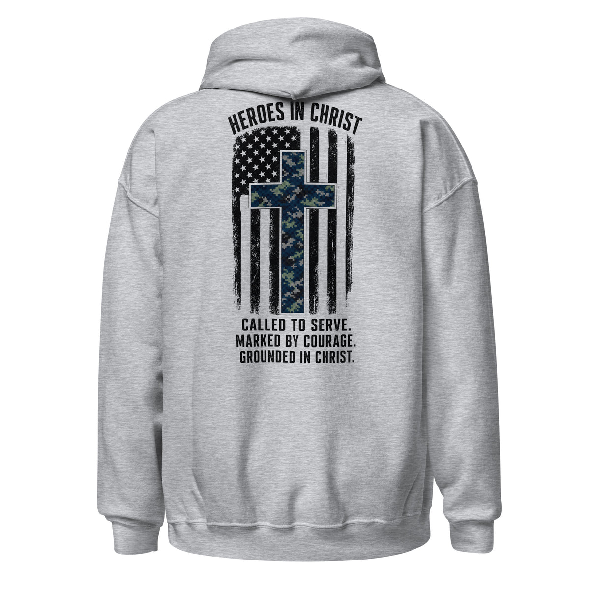 Heroes in Christ Navy Camo Hoodie - Sport Grey - Back View