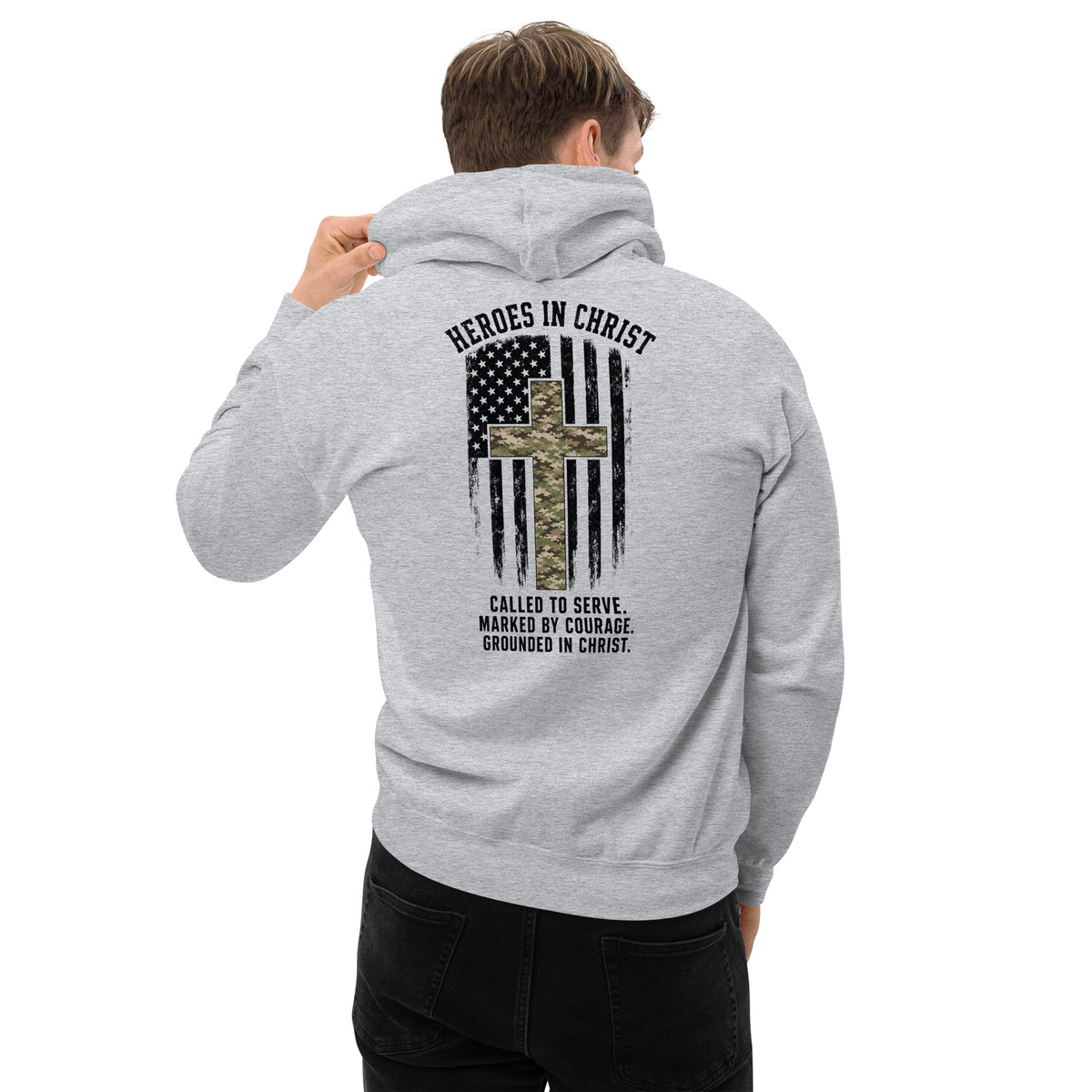 Heroes in Christ Army & Air Force Camo Hoodie - Sport Grey - Back View