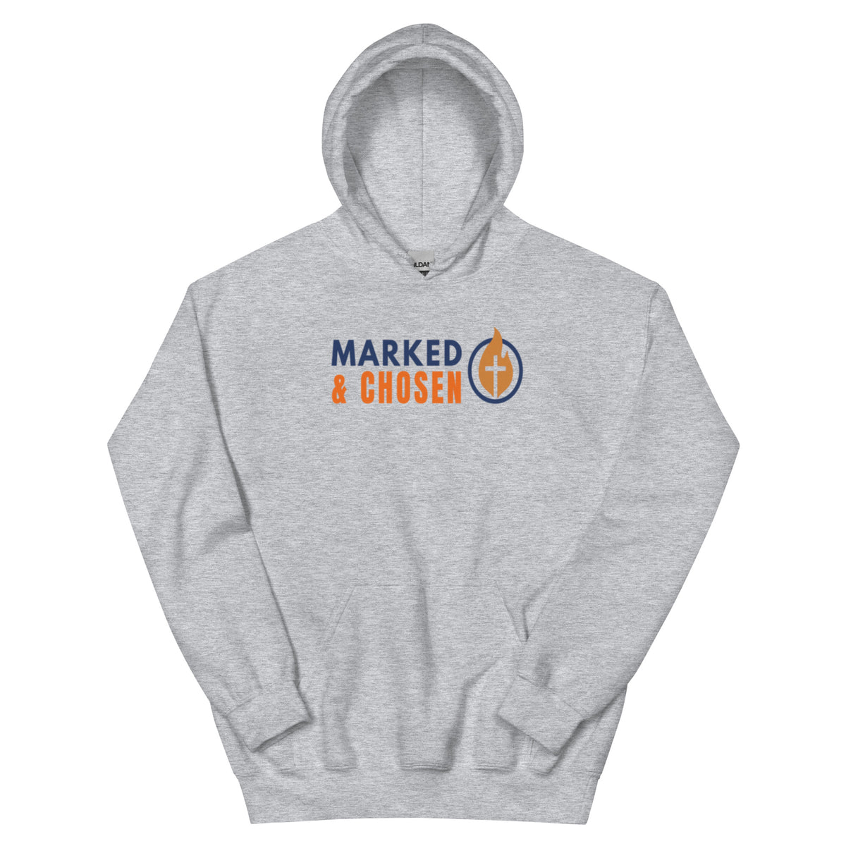 Gildan 18500 heavy blend hooded sweatshirt in Sport Grey, showing a classic fit and front pouch pocket Printed on the front is the Marked & Chosen Logo.