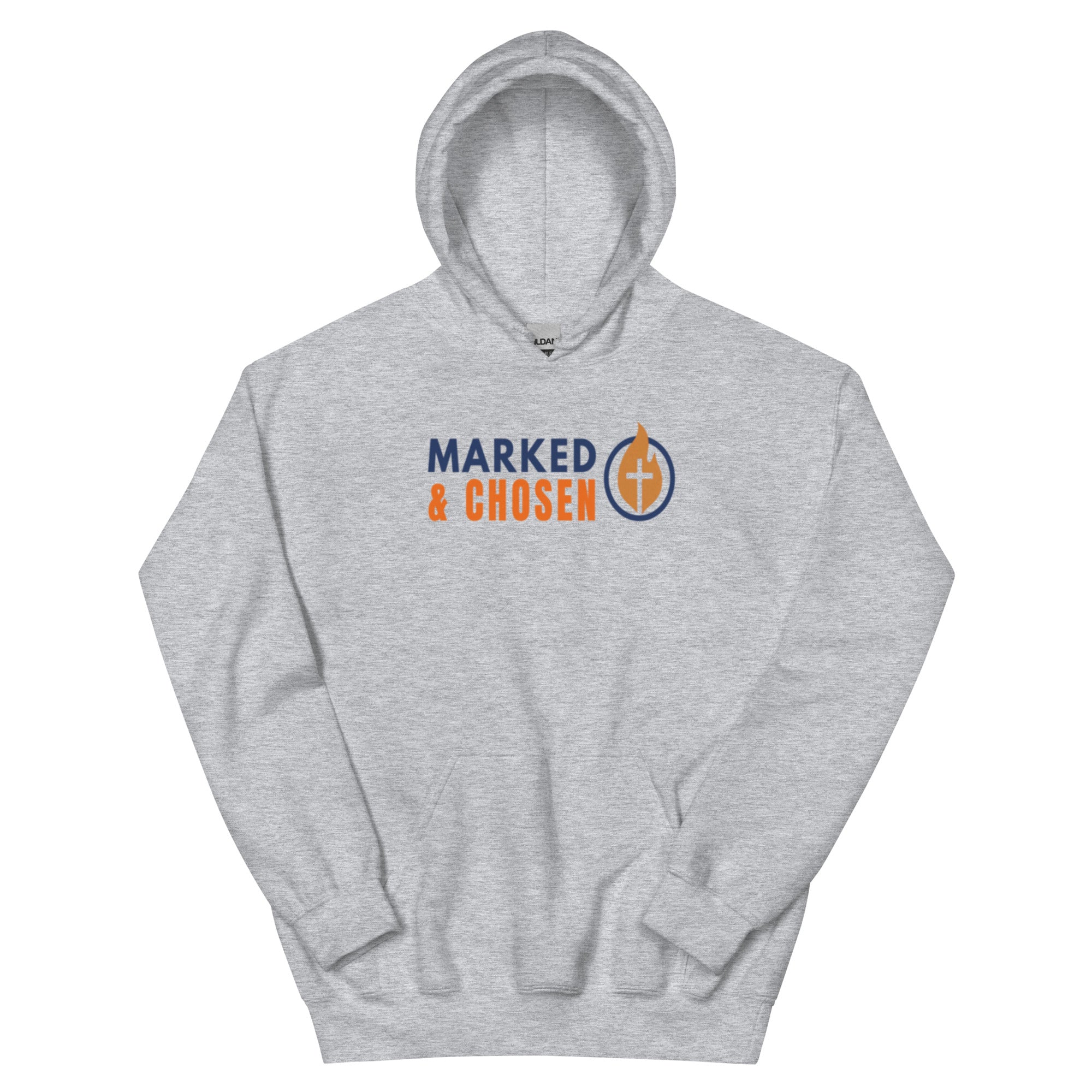 Gildan 18500 heavy blend hooded sweatshirt in Sport Grey, showing a classic fit and front pouch pocket Printed on the front is the Marked & Chosen Logo.